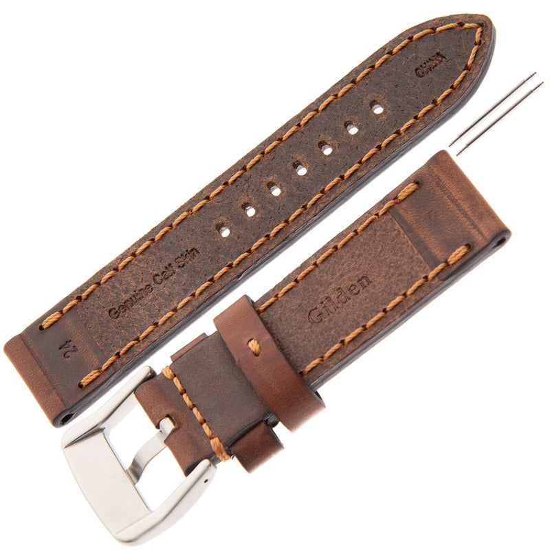 Gilden 18-28mm Gents Thick and Heavy Sport Calfskin Leather Watch Strap TS62-1522 (22 millimeter end width, Brown, Stainless Steel Buckle) - Image 3